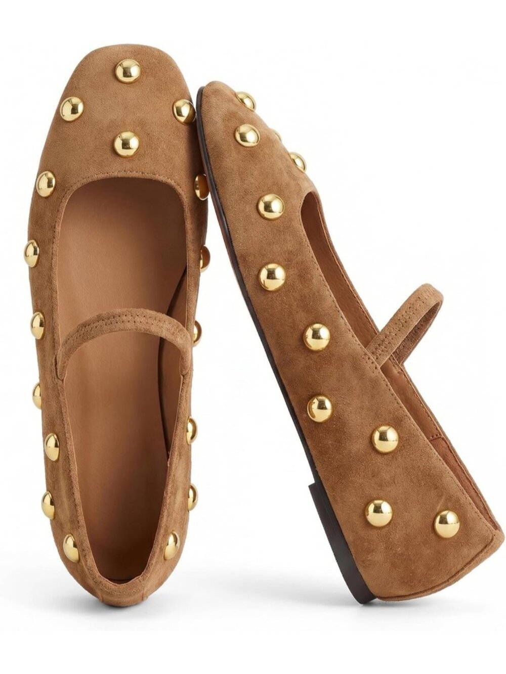 Women Square Toe Slip on B Camel Suede Ballet Flats Comfortable Studs Shoes